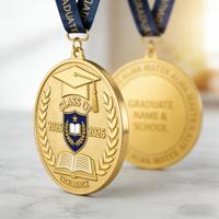 Médaille de graduation personnalisée en alliage de zinc moulé sous pression, plaquée or, avec impression UV et relief bas et haut, pour cérémonie de lycée