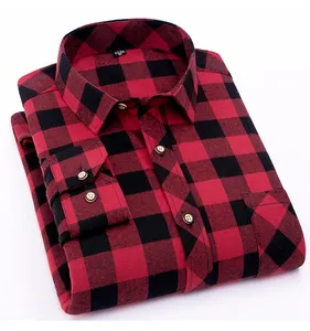 OEM/ODM 2023男士秋季风格红色纽扣羽绒常规合身长袖格子法兰绒休闲衬衫