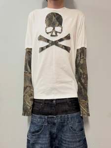 Custom Cotton Distressed Vintage Sweatshirt Skull Pattern Applique Embroidery Digital Printed Double Layer Long Sleeve <b>Shirt</b> - Product Image 2
