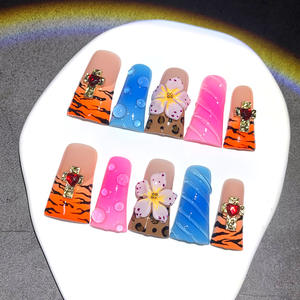 Ongles à presser faits main en forme de bec de canard, 10 pièces, longs, forme cercueil, <span class=keywords><strong>rose</strong></span> néon, français, avec diamants, en acrylique - Product Image 1