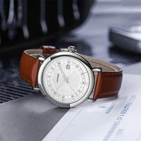 Montre à quartz pour homme, cadran guilloché blanc, fenêtre de date, bracelet en cuir marron, montre-bracelet classique