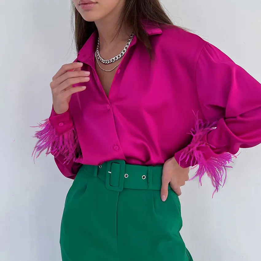 Latest Fashion high Quality Satin Hot Pink Feather Patchwork Women's Blouses Shirts Elegant Women Casual Formal