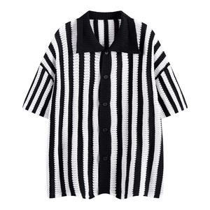 Haute qualité hommes rayé à manches courtes simple boutonnage squelette tricoté pour polos vêtements respirants revers Cardigan - Product Image 3