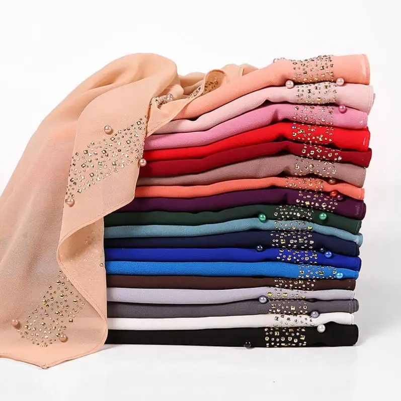 Schöne funkelnde Hochzeit Kristall Muslime lange Damen Schal Wraps aus massivem Polyester Chiffon schimmern Strass Hijab Schal