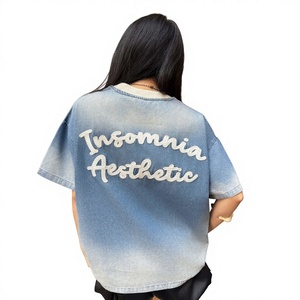 Camiseta vaquera oversize de moda para 2026, unisex, azul claro, de algodón, cuello redondo, estilo urbano, casual, clásica. - Product Image 2