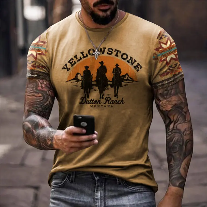 Camiseta masculina plus size de verão 2024, camiseta Yellowstone Western com decote em V, manga curta, estilo cowboy, camisetas e tops