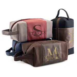 Bolsa de maquiagem para homens com logotipo personalizado retrô em relevo, bolsa de higiene pessoal portátil para viagens e negócios, com alça