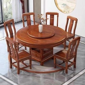 Juego de mesa de comedor redonda de madera maciza exquisito estilo chino extensible con <span class=keywords><strong>Lazy</strong></span> <span class=keywords><strong>Susan</strong></span> y Pedestal tallado para uso en cocina de granja - Product Image 6