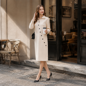 Nuevo Vestido de Punto Midi con Cuello Alto y Manga Larga, Color Albaricoque, Suave y Transpirable, Cintura Alta, Estilo Casual, Grosor Estándar - Product Image 5