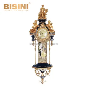 64 Inches High Royal Classic Regency 3 Brass Angel Decorated Handpainted Marine Blue Porcelain Wall Clock with Pendulum