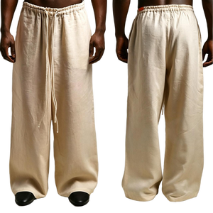 <span class=keywords><strong>Pantaloni</strong></span> Larghi da Uomo <span class=keywords><strong>in</strong></span> Tessuto Pesante Testurizzato, Minimalisti <span class=keywords><strong>con</strong></span> Coulisse, Vestibilità Rilassata, Colore Ecru, Stile Streetwear Urbano - Product Image 1