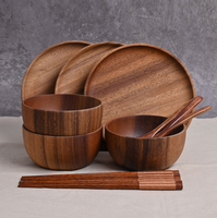 Ensemble de saladiers en bois d'acacia massif naturel, assiettes rondes en bois pour servir les fruits, les légumes, les pâtes, vaisselle de table pour la cuisine