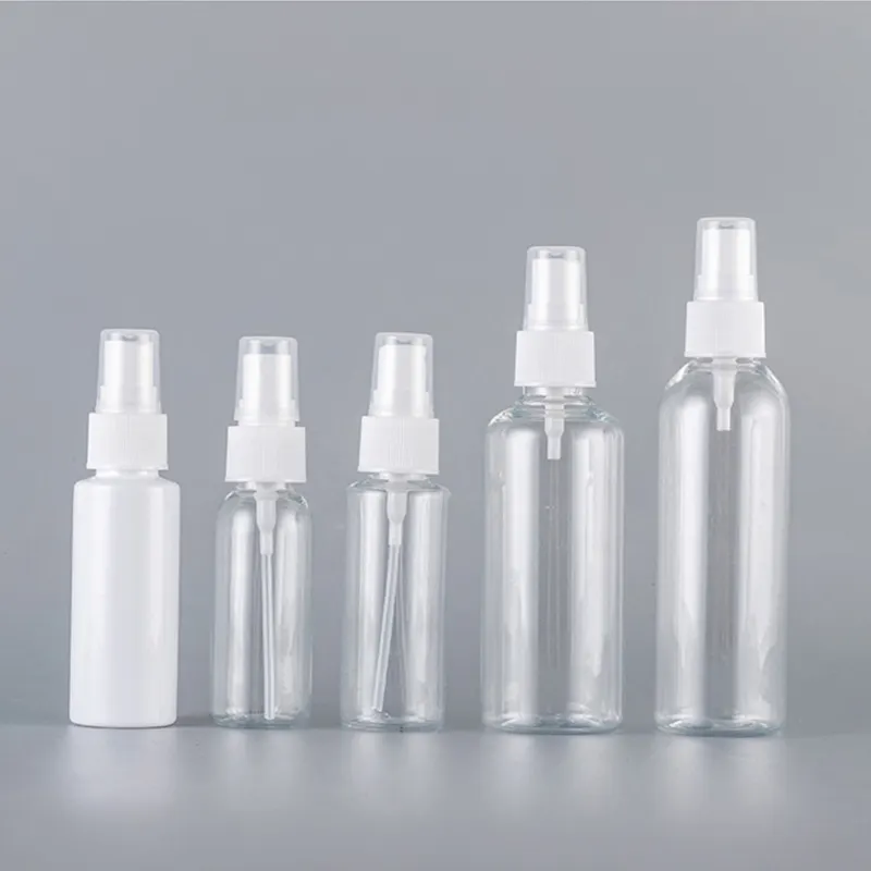 5ml-100ml PP ve PET boş beyaz ve şeffaf parfüm ince sis püskürtücü pompa ile doldurulabilir plastik sprey şişeleri