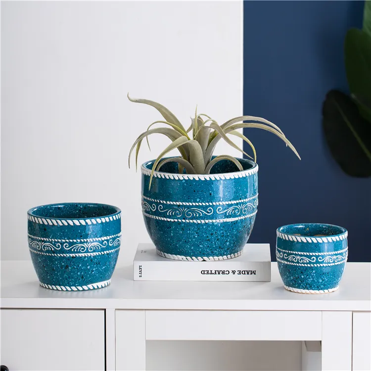 Maceta de bonsái con diseño retro para decoración de jardín, macetas grandes de flores a granel para exteriores, color azul, gran oferta