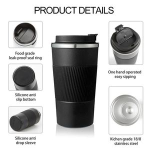 Mug de voyage isotherme en acier inoxydable noir avec couvercle rabattable, poignée côtelée, anti-fuite, pour café, idéal pour le bureau et les trajets quotidiens - Product Image 4