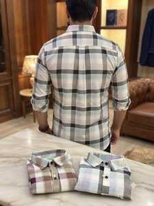 Chemises en twill de coton pour hommes avec motif à carreaux beige, gris et bordeaux, manches longues, boutonnées, style décontracté chic - Product Image 2