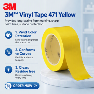 3M 471 黄色PVCテープ ゴム系粘着剤 床標示用塗料マスキング カラーコーディング 厚さ0.14mm 残留物なし - Product Image 1
