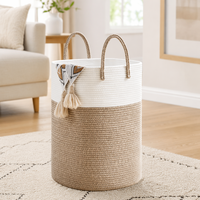 Grand panier à linge pliable en corde de coton bicolore de 80 L avec poignées pour la chambre d'enfant, la salle de bain et la décoration intérieure