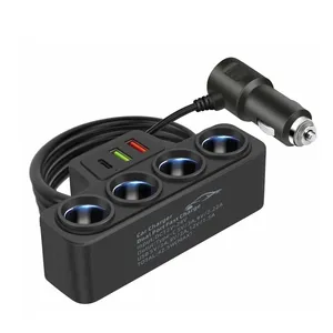 4 <b>Socket</b> Car Cigarette Lighter Splitter with 75cm Cable PD USB Type C QC3.0 66W Ports Fast Charger Voltage Display Truck Adapter - Product Image 1