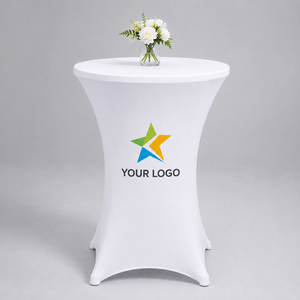 Funda de mesa elástica blanca con logo personalizado para cócteles, redonda, tipo highboy, para discoteca, bar o evento. - Product Image 1