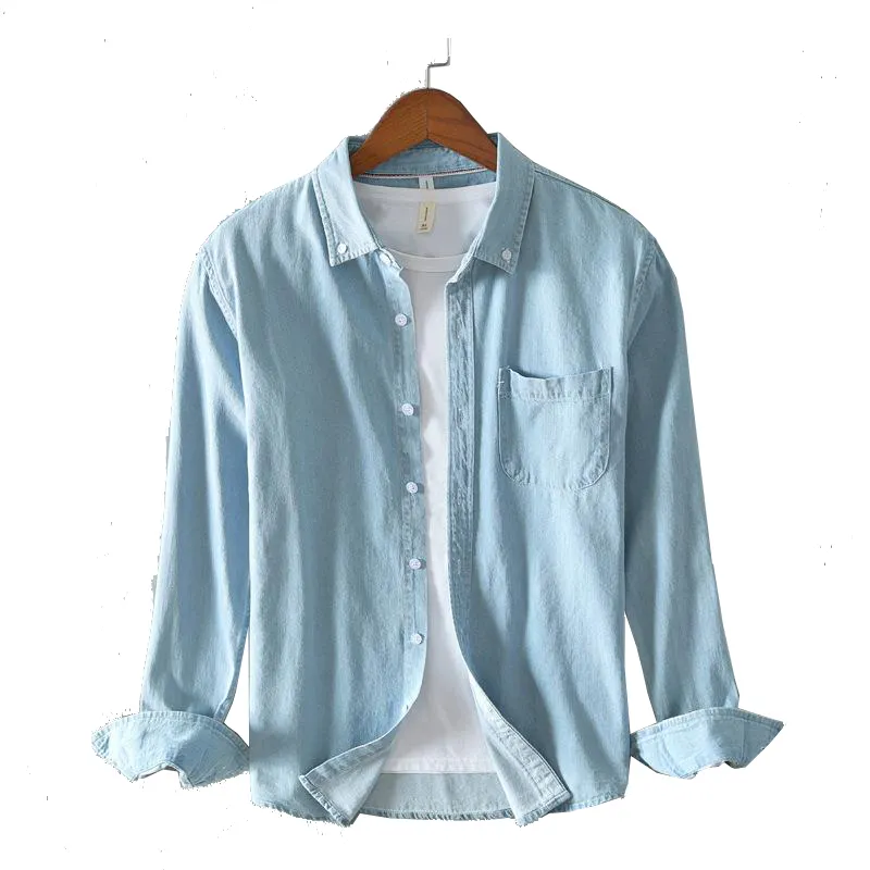 Camisa vaquera informal para hombre, camisetas sólidas finas y cómodas de primavera nueva para hombre, camisas de manga larga de algodón suave de alta calidad