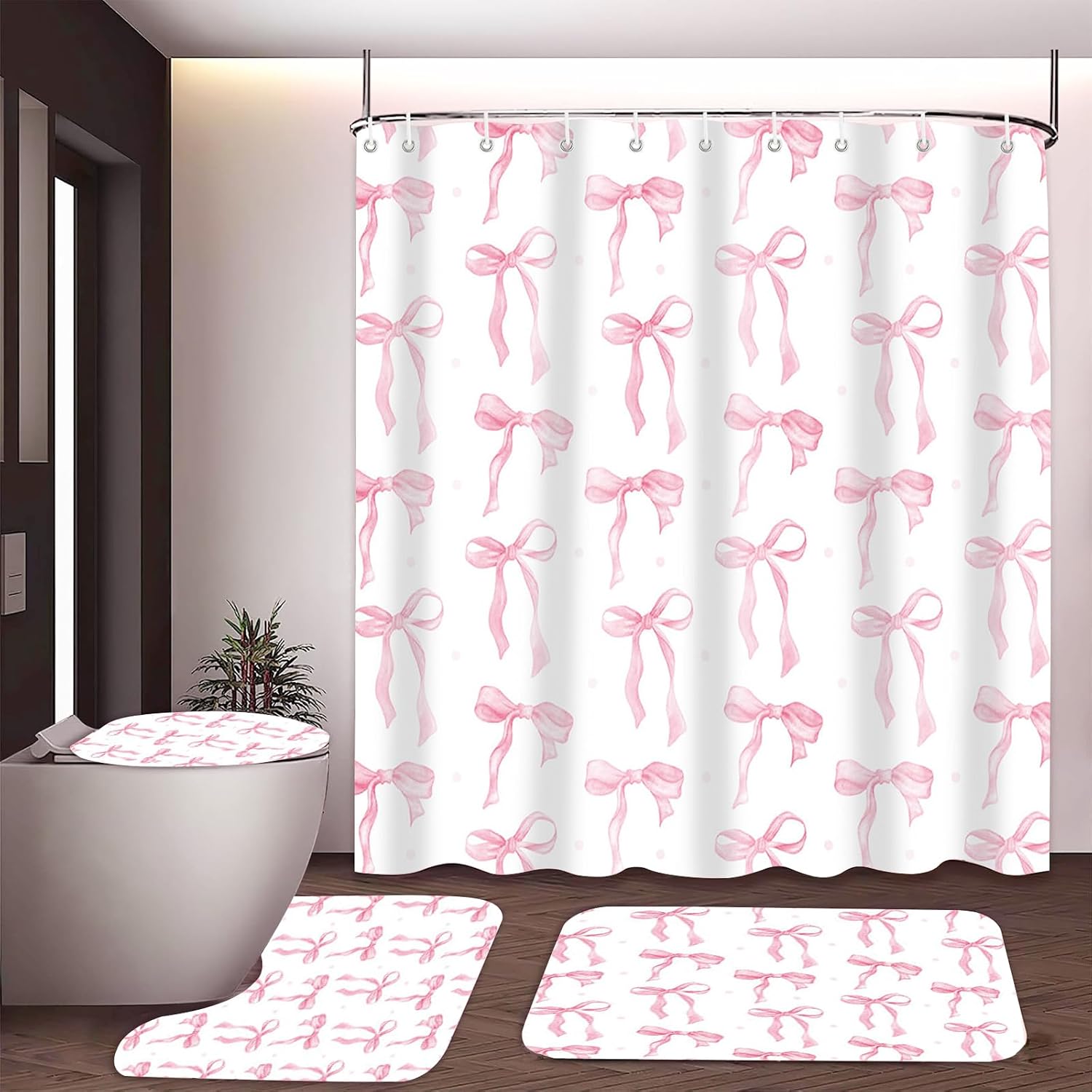 Rideau de douche rose-tapis de sol-housse de siège de toilette-tapis en forme de U