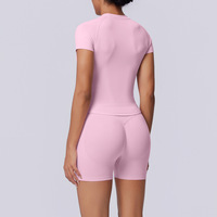 Pakaian Yoga 2 Potong Eropa Amerika Tanpa Jahitan Warna Solid Bernapas Ketat Elastis Tinggi Spandex/Nilon Anti Kusut