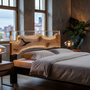 Tête de lit en bois et résine époxy faite à la main SACK |   Meubles de chambre à coucher modernes de luxe, résine époxy personnalisée, bois de rivière, art, cœur d'amour - Product Image 3