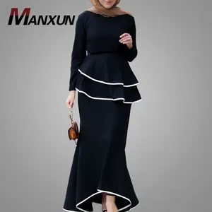 Modest Malaysia Baju Kurung Elegant Black Baju Kurung Premium Quality Two Pieces Suit Muslimah Top With Skirt Islamic Clothing