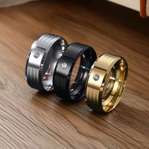 Mode 8mm Sculpture Rayures Étape Bord En Acier Inoxydable Anneaux Couple Classique Incrustation <span class=keywords><strong>Unique</strong></span> Rond Diamant De Mariage Anneaux Hommes - Product Image 2