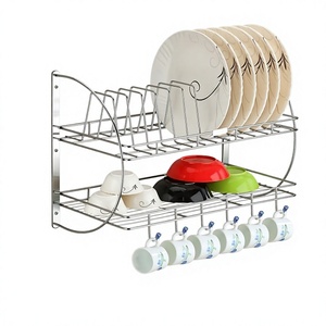Wall Mounted 2 Tier Metal Dish <b>Rack</b> Drainer with Cup Hooks Kitchen <b>Plate</b> Bowl Storage Organizer - Product Image 1
