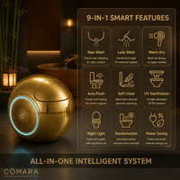 Toilette intelligente de luxe Comara en céramique avec chasse d'eau à activation au pied, stérilisation plasma, siège chauffant, finition dorée, siphon S-trap inclus