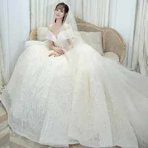 Luxus V-Ausschnitt glänzendes Brautkleid schulter frei Brautkleider hochwertige Spitze blendend Hochzeit Brautkleid