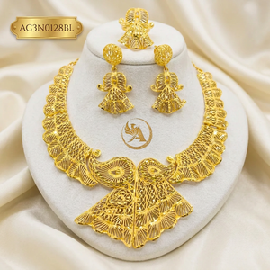 Gold Plated Brass <b>Statement</b> <b>Necklace</b> Set with Earrings Ethnic Geometric Design for Women Wedding Party Fashion <b>Necklace</b> 16inches - Product Image 1