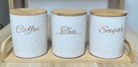 Ribbed Tea Coffee Sugar Canister Porcelain Ceramic Storage Canister with Bamboo Lid and Gold Reindeer