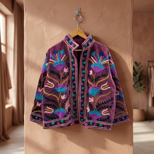 Chaqueta de Terciopelo para Mujer, Cuello Mandarín, Manga Larga, Bordado Floral a Mano, Estilo Prairie Chic, Personalizada - Product Image 1