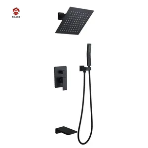 AMAXO Bathroom Concealed Shower Mixer Black Square Shower Faucet 3 Ways Complete Rainfall System Shower Set