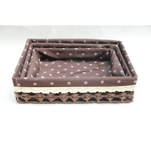Country Style Fabric <b>Storage</b> <b>Tray</b> Set Rectangle Stackable Three Piece Brown Floral Pattern With Lace Trim - Product Image 5