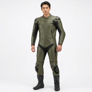Traje de Motociclismo de Cuero Verde Oliva y Negro para Hombre, Resistente al Viento, con Bloques de Color y Protección - Product Image 1