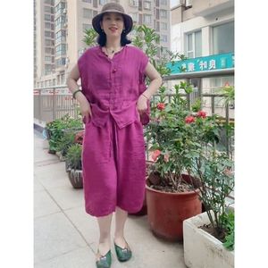 Women's Cotton Linen Two Piece Set Sleeveless Shirt Wide Leg Pants Rose Red Breathable Casual Suit Lw K2 - Product Image 3