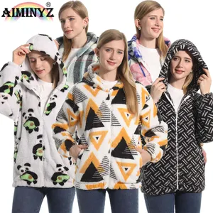 AIMINYZ ODM/OEM New Style Leisure Women Plush Cardigan Short Coat Adult Customize Warm Print Shu Veleteen Soft Hooded Sweater