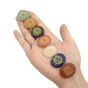 Oval shaped natural 7 chakra stone symbols engraved natural crystals healing stones bulk reiki healing pendant necklace no hole