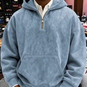 Sweat-shirt à capuche zippé quart de tour bleu clair premium en molleton texturé doux, coupe décontractée, style streetwear décontracté - Product Image 3