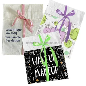 定制Logo折叠白色自然有机棉帆布化妆品内衣枕头信封礼品包装带蝴蝶结的防尘袋