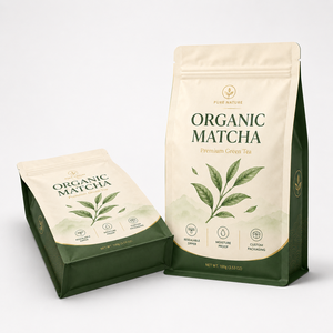 Kantong Kemasan Bawah Rata dengan Ritsleting, Desain Baru, Cetak Kustom, Bahan Food Grade, Dapat Ditutup Kembali, untuk Bubuk Teh Matcha Organik, Segel Delapan Sisi - Product Image 1