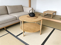 Mesa de Centro Circular Combohome, Mesa Auxiliar para Sala de Estar con Acabado en Carbón, Mesa Lateral para Sofá con Ratán Natural