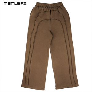 Conjunto de 2 piezas para hombre de felpa francesa con lavado ácido en tonos tierra, ecológico, con pantalones plisados de entrepierna caída y sudadera con capucha de pespunte en contraste, de tejido grueso. - Product Image 3