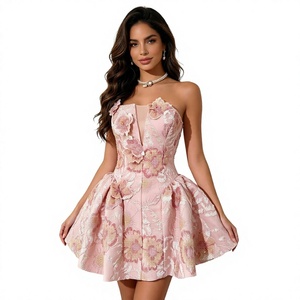 Vestido de Noche sin Tirantes Color Albaricoque, Bordado Floral Tridimensional, Largo hasta la Rodilla, Corte en A, Mini Vestido de Fiesta - Product Image 3