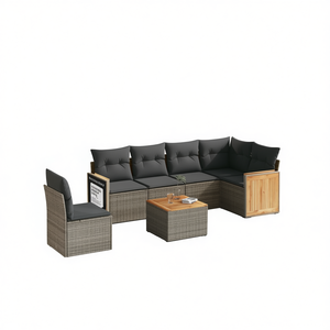 Ensemble de canapés de jardin gris en rotin, 6 places, avec coussins, mobilier d'extérieur au design contemporain, structure en teck - Product Image 1