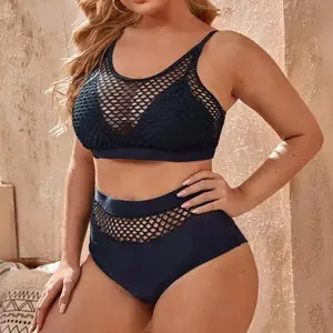 Damen Übergröße Splice-Angelnetz Cami Oberteil und hohe Taille Bikini-Set/